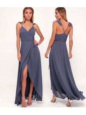 Lulus Here's To Us Maxi Wrap Dress in Granite Blue Size Medium